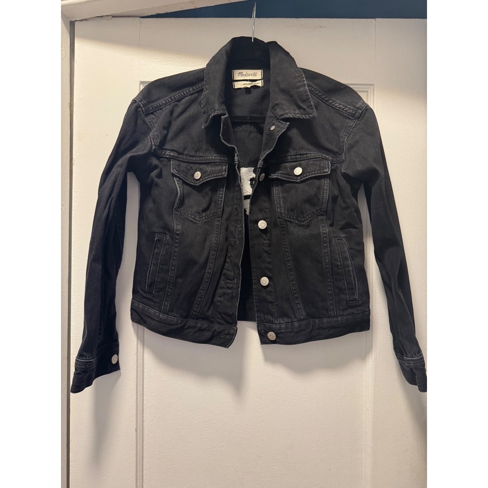 Madewell Boxy Jean Jacket‎ Black Denim Embroidered Face Graphic XS Womens